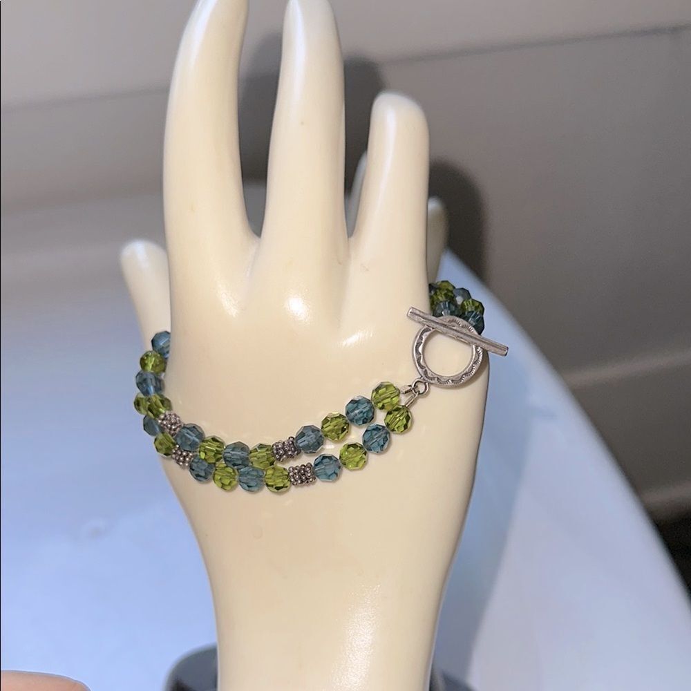 Silver, Green & Blue Faceted Plastic Beaded Two‎ Strand Bracelet